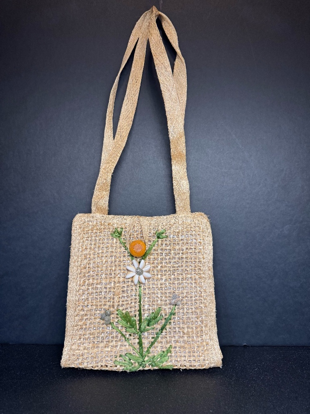 Handmade Philippines Woven Raffia Floral Shell Shoulder Tote Boho Beach Purse